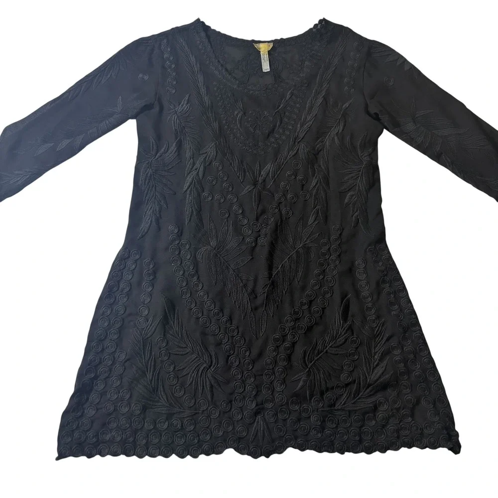 Pilyq Barcelona Anthro Embroidered Tunic Dress Long Sleeve Black Sundress XS/S